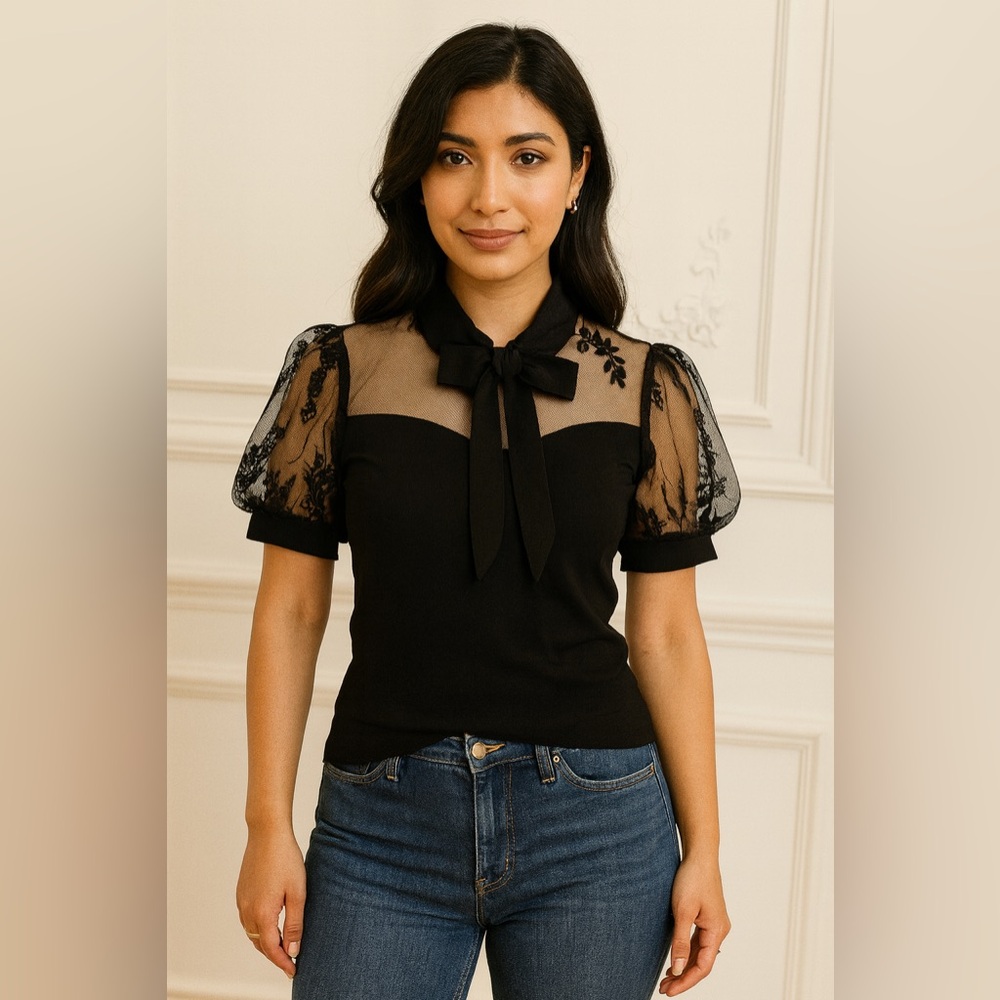 SHEIN Black Lace Sleeve Bow Top